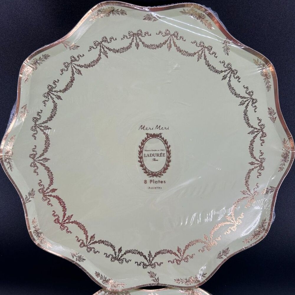 Meri Meri Laduree Paris 8-Green/Gold Paper Plates Per Package, 7-Packages Total